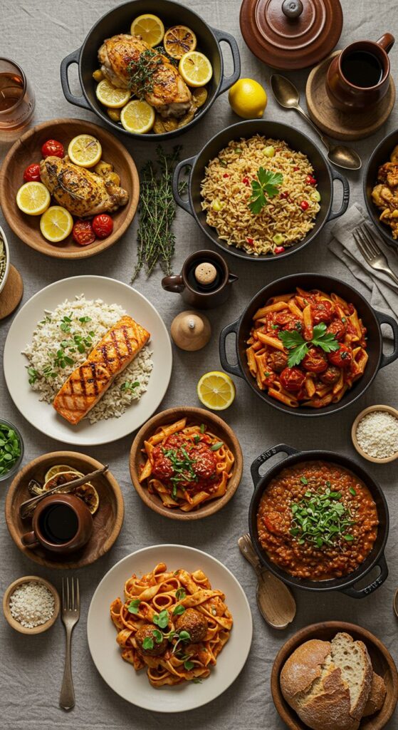 Overhead spread of assorted cooked meals